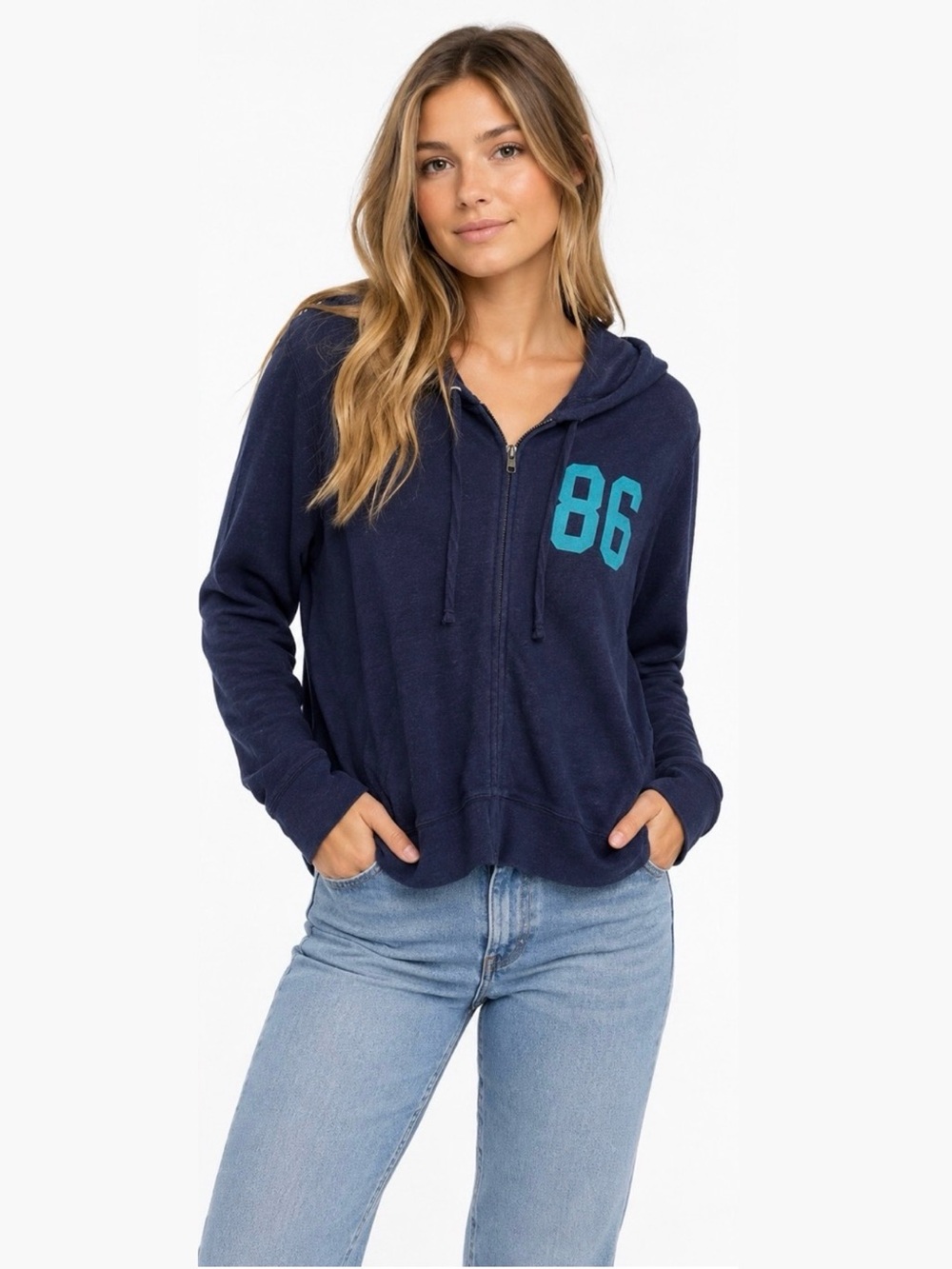 Vintage Victoria's Secret Heathered Navy Zip-Up Hoodie with Teal '86' Accent